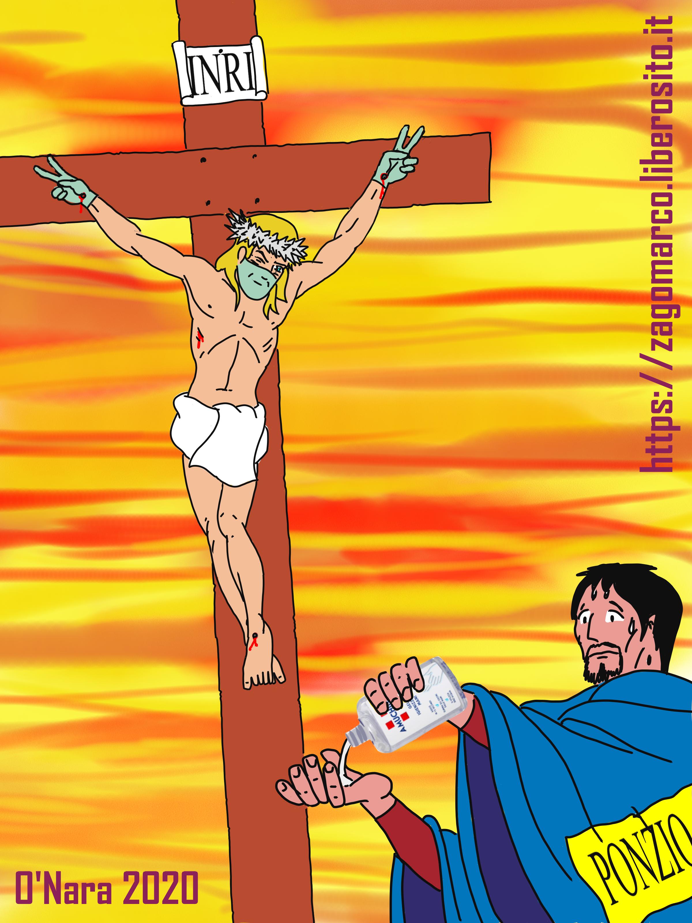 Gesù crocifisso Pasqua 2020 con guanti e mascherina by marco zagonara